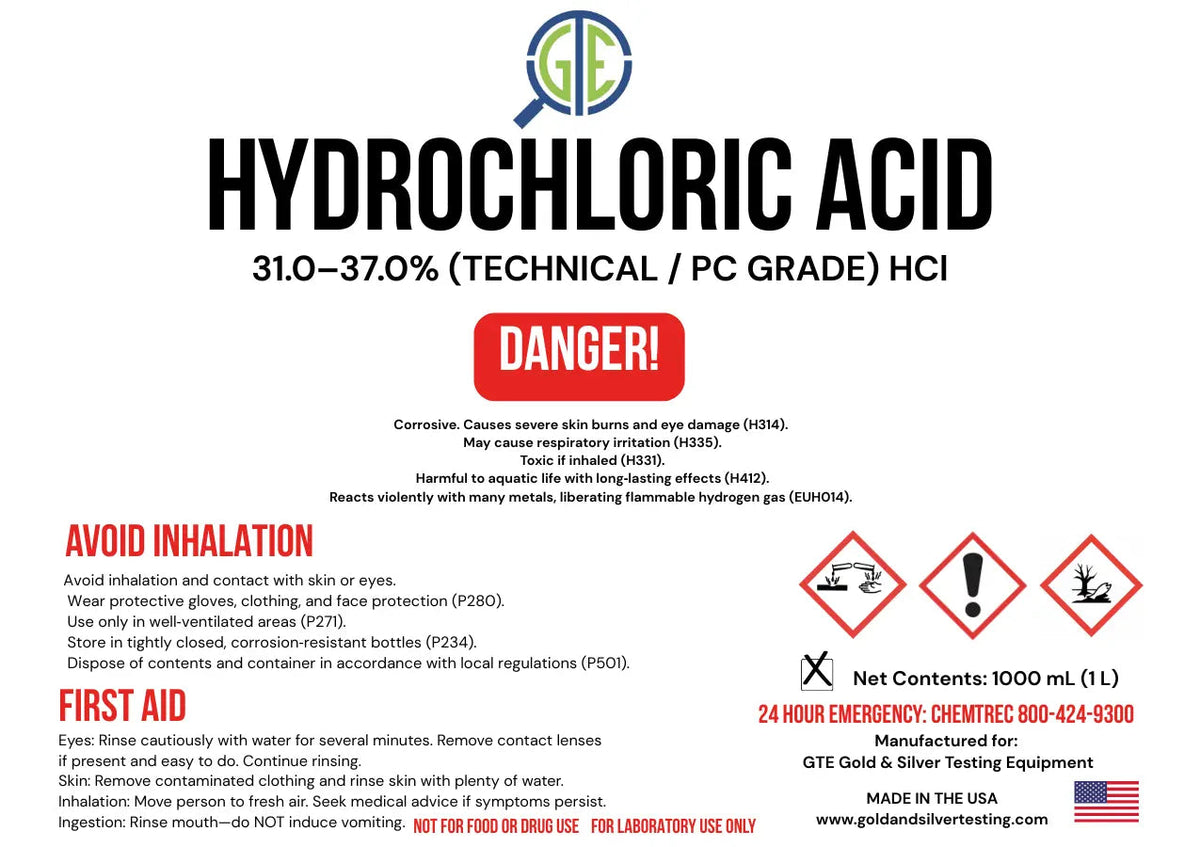 GTE Hydrochloric Acid (HCl) 32 oz – 31–37% for Gold Refining & Aqua Regia