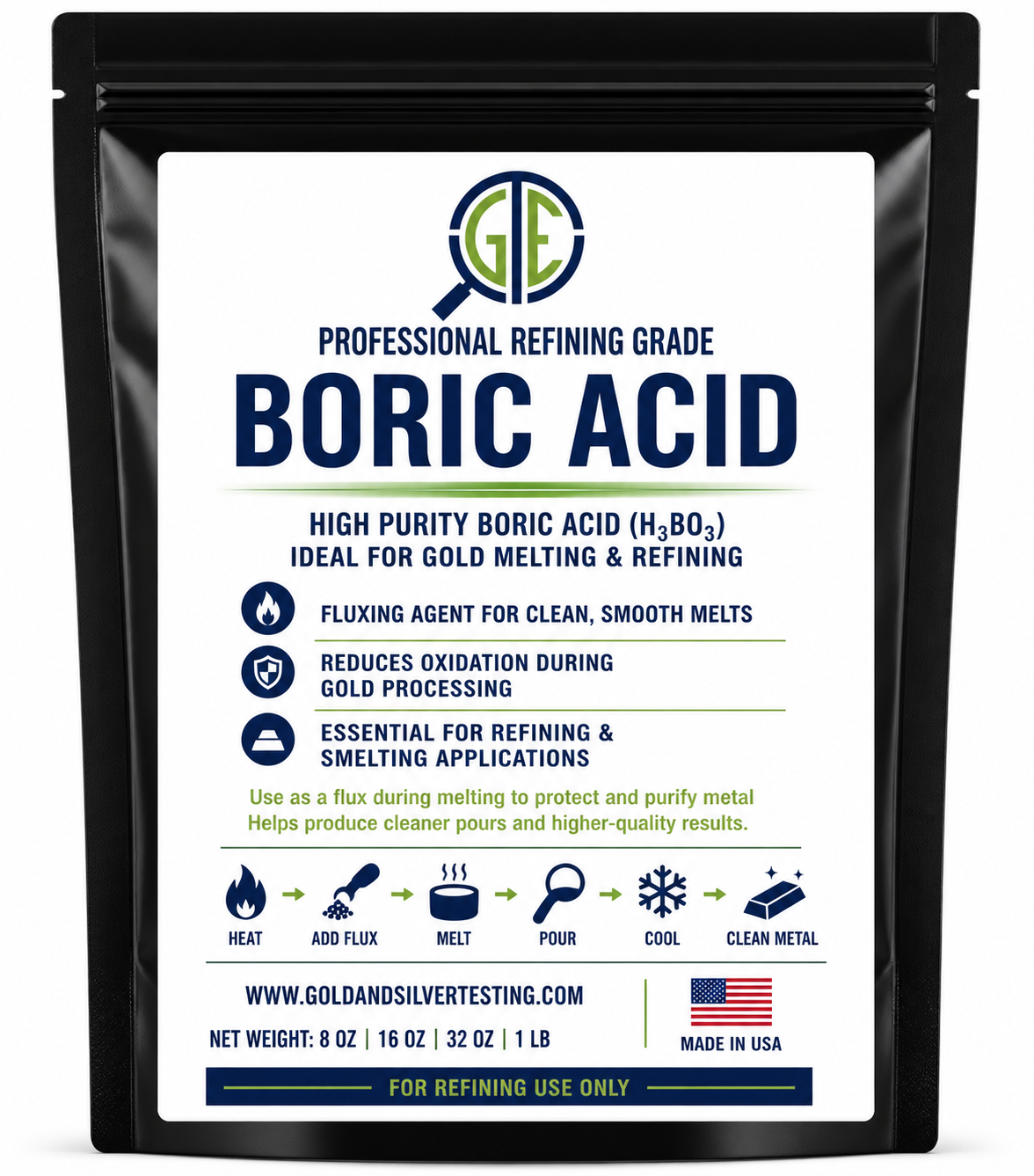 JSP & GTE Boric Acid Powder – 99.9% Pure, Gold Refining & Jewelry Casting, 8–16 oz