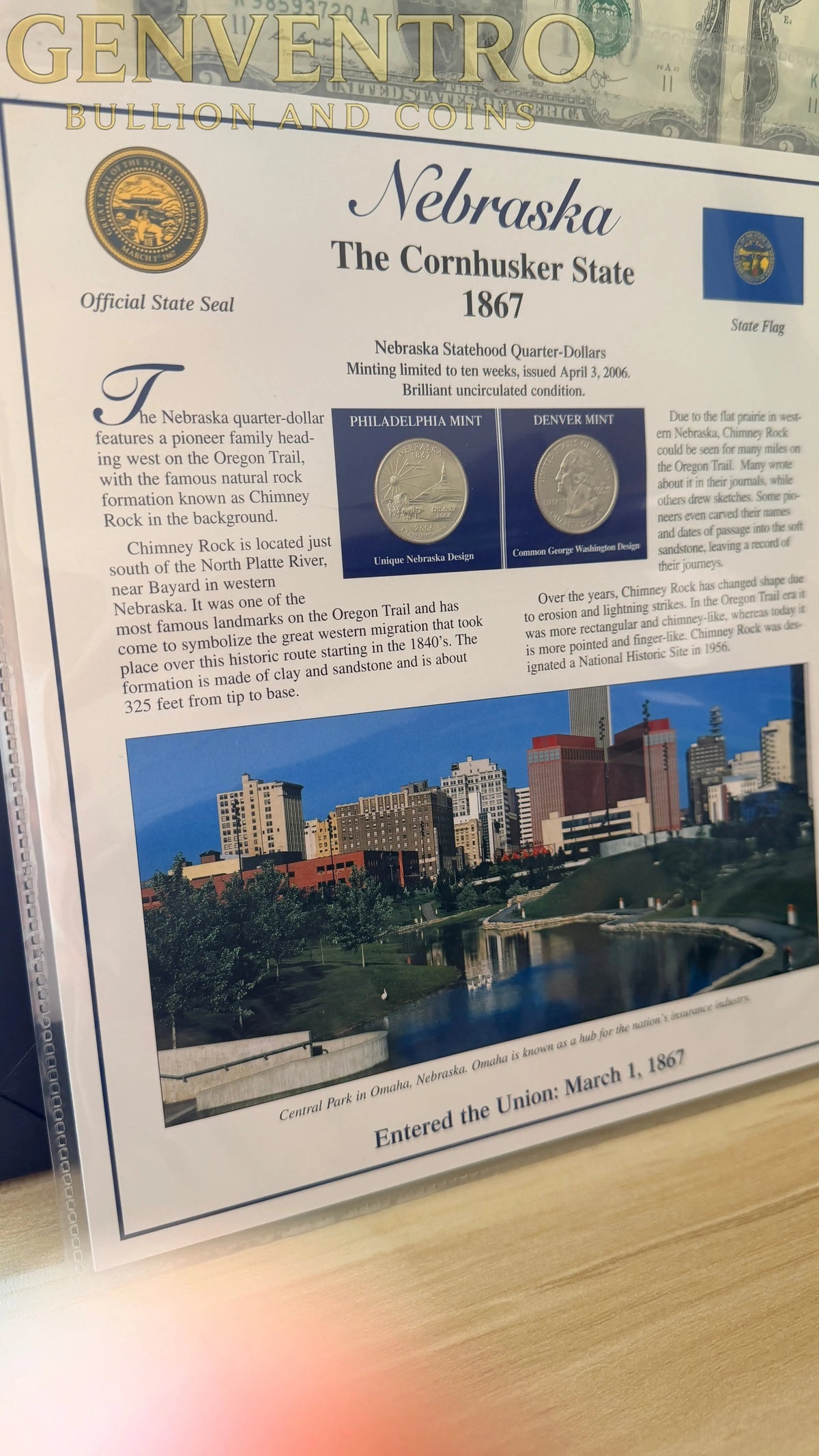 Nebraska Statehood P&D Quarter-Dollars (BU) and State Stamps Plaque