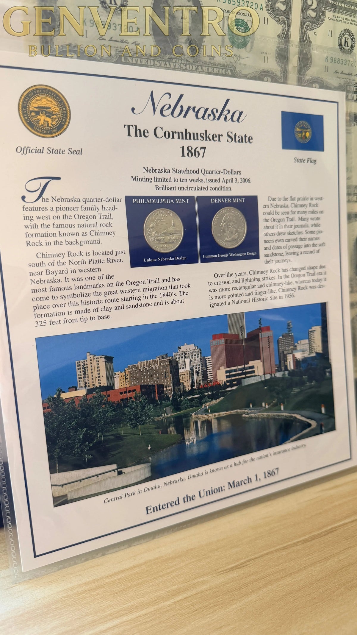 Nebraska Statehood P&D Quarter-Dollars (BU) and State Stamps Plaque