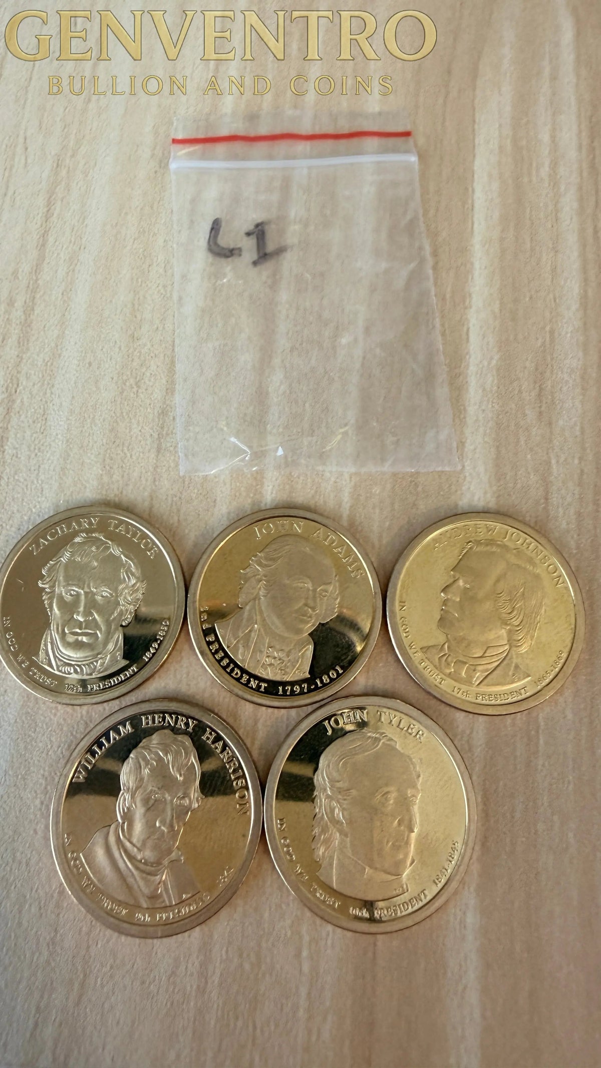5 x US $1 One Dollar Golden Presidential Coins - Lot of 5 Unique Coins (L1)