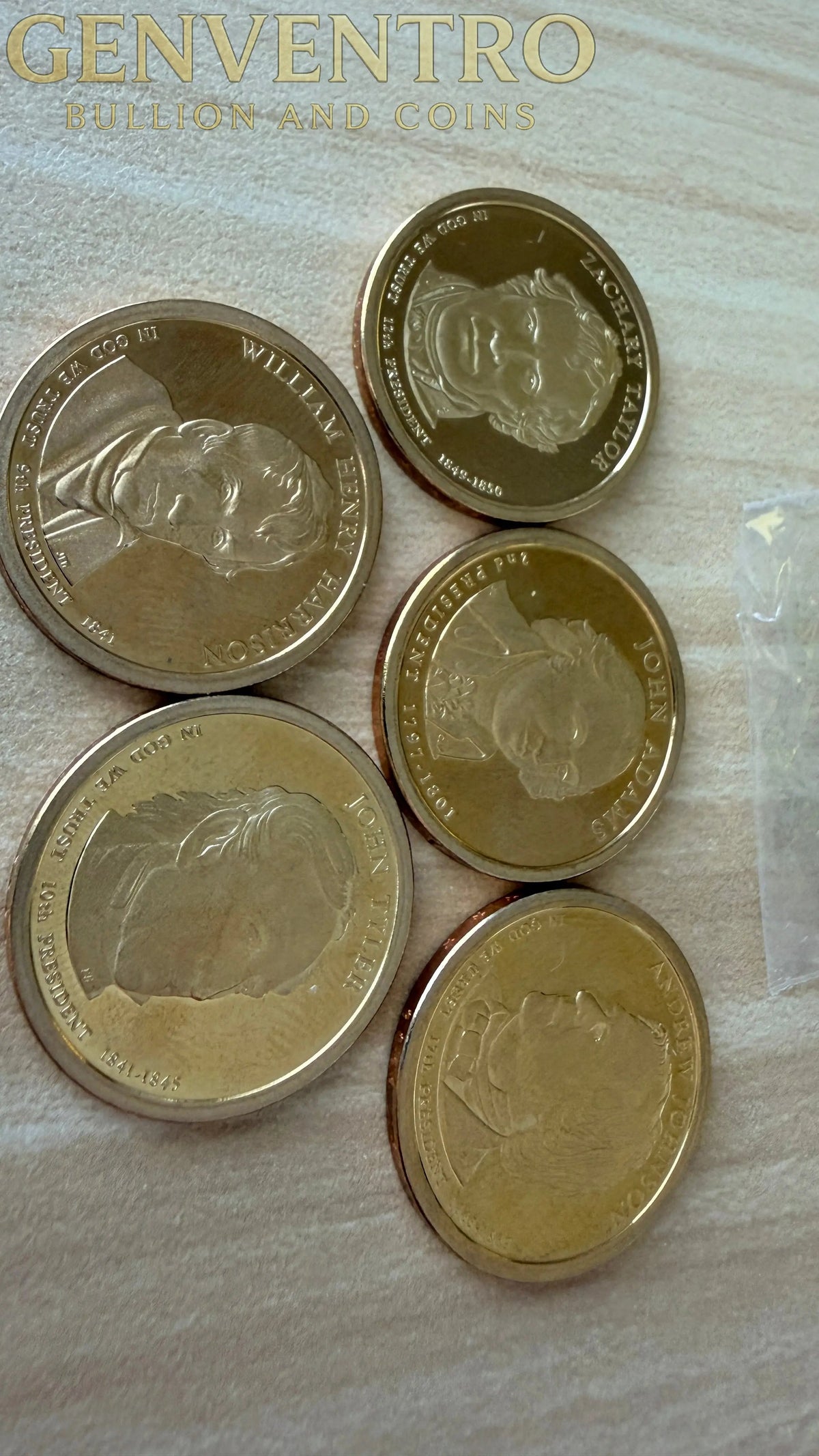 5 x US $1 One Dollar Golden Presidential Coins - Lot of 5 Unique Coins (L1)