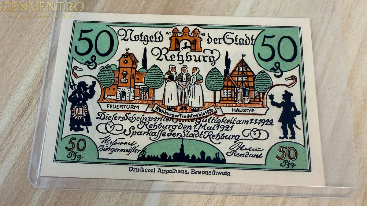 1921 Germany Rehburg Notgeld 50 Pfennig – Folk Costume & Town View – Colorful Issue
