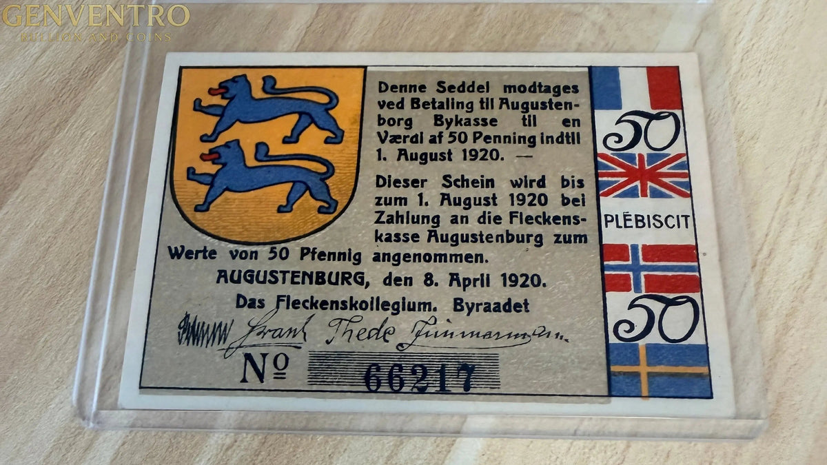 1920 Denmark / Germany Augustenburg 50 Pf Notgeld – Schleswig Plebiscite Issue – Lions & Flags