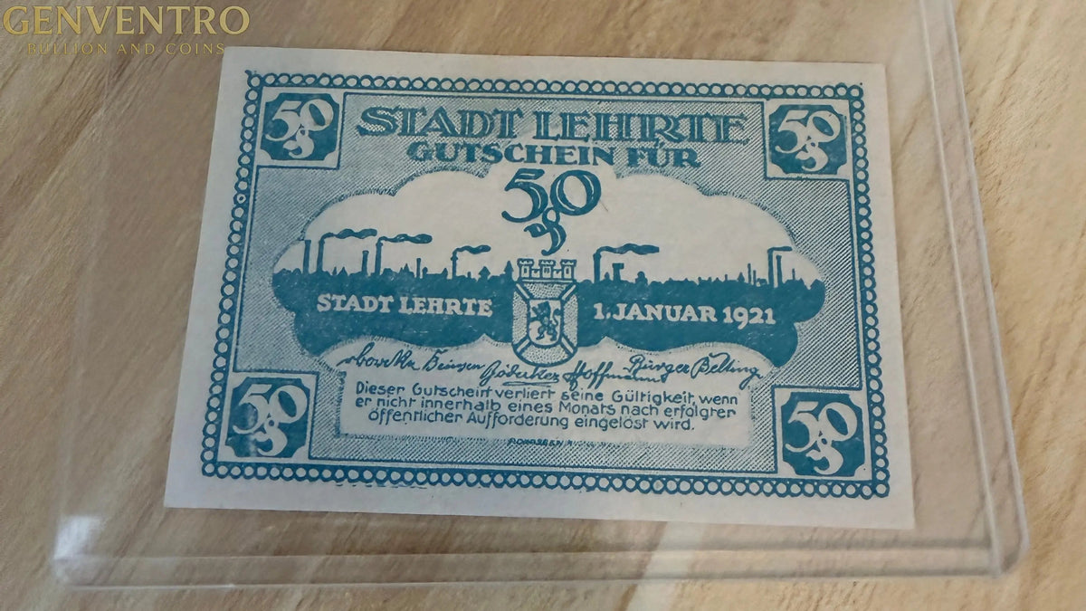 1920s Germany Notgeld 50 Pfennig “Gutschein für Fünfzig Pfennig” – Blue Voucher Note