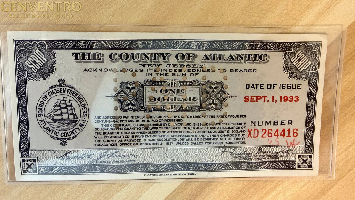 Great Depression County of Atlantic, New Jersey $1 Depression Scrip Note
