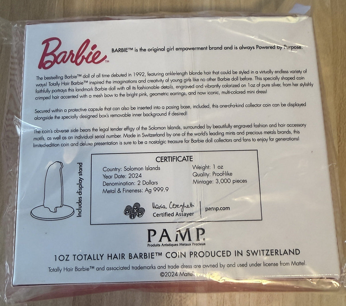 PAMP 1 oz Silver Totally Hair Barbie Shaped & Colorized Coin w/Box