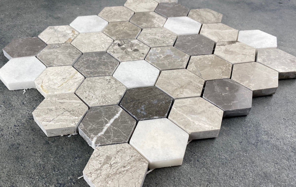 Silver Shadow-Carrara White Mix Marble 2" Hexagon on 12" x 12" Mesh Mosaic Tile