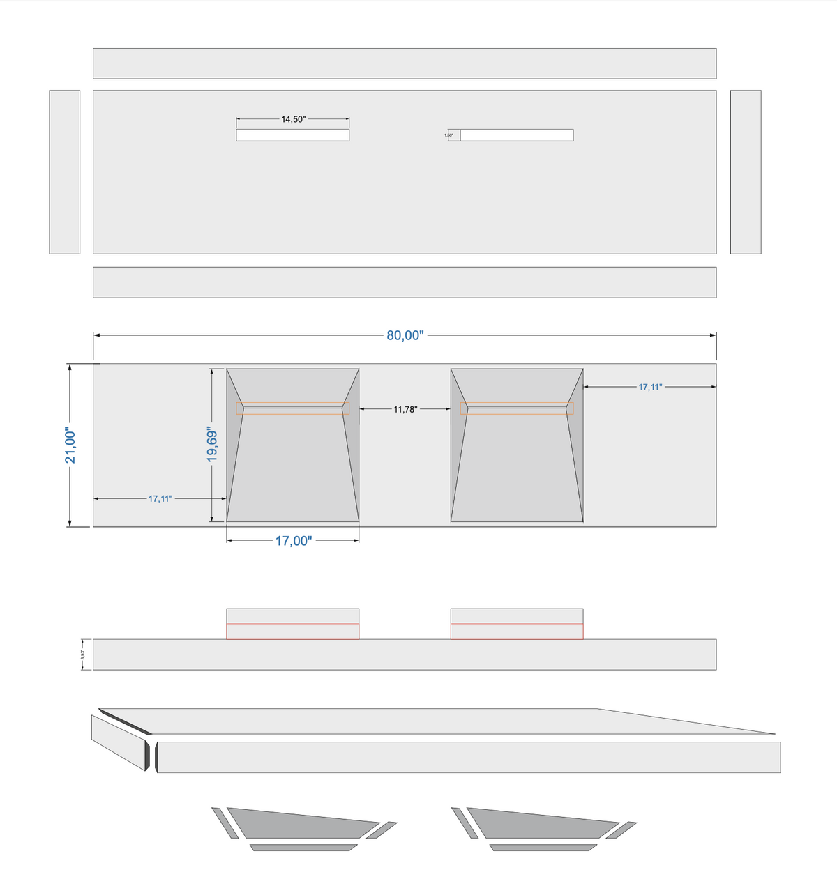 Imperial White Marble Double Bathroom Sink Wall-Mount - 80 Inch
