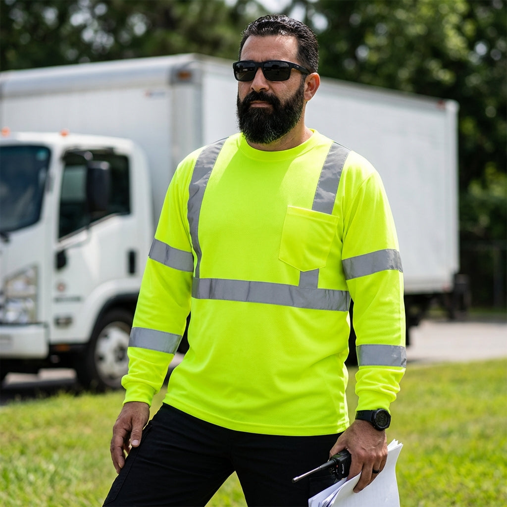 High Visibility Safety Long Sleeve T-Shirt – Reflective Workwear with Front Pocket