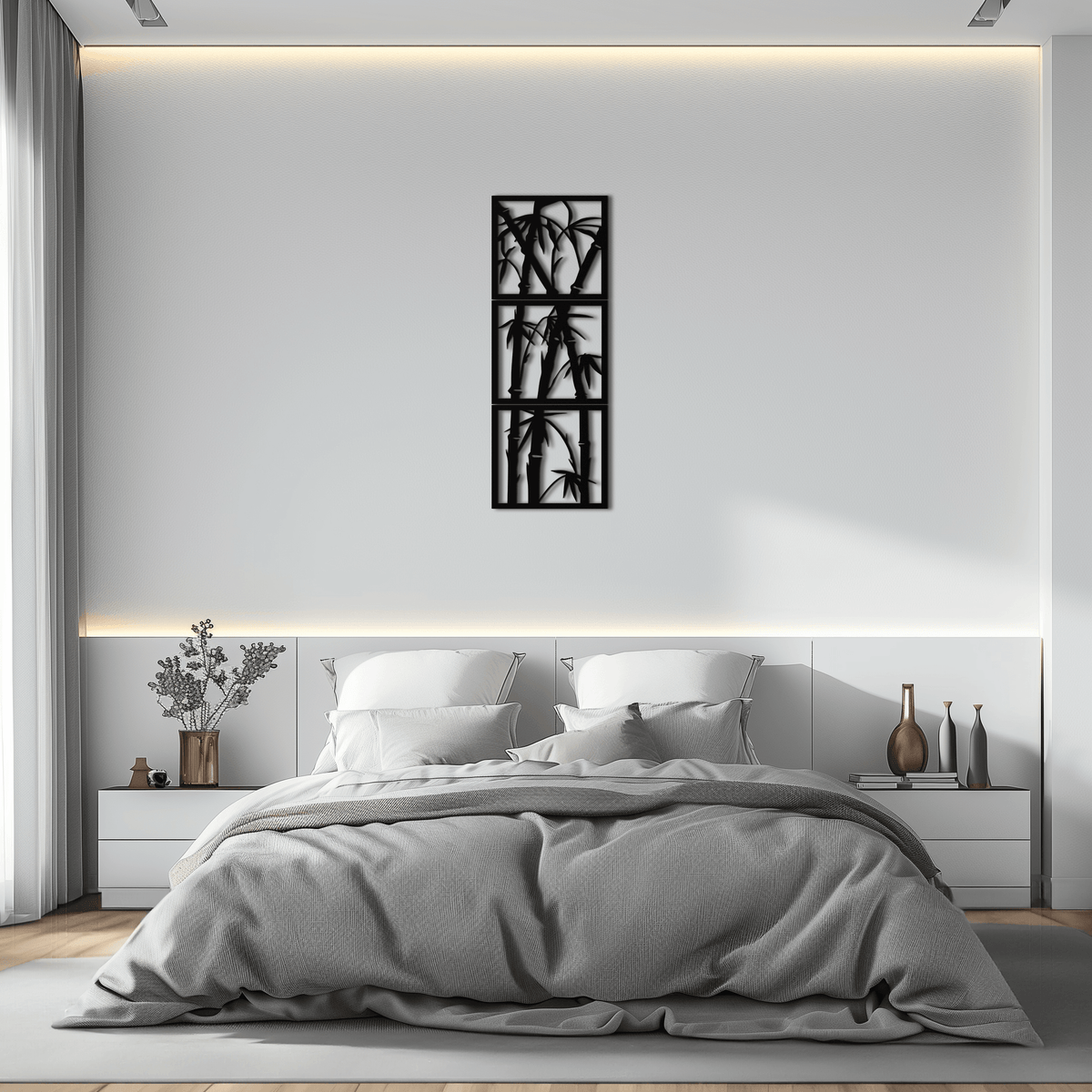 Bamboo Panel Metal Wall Art - Three Piece Vertical Steel Sculpture Modern Industrial