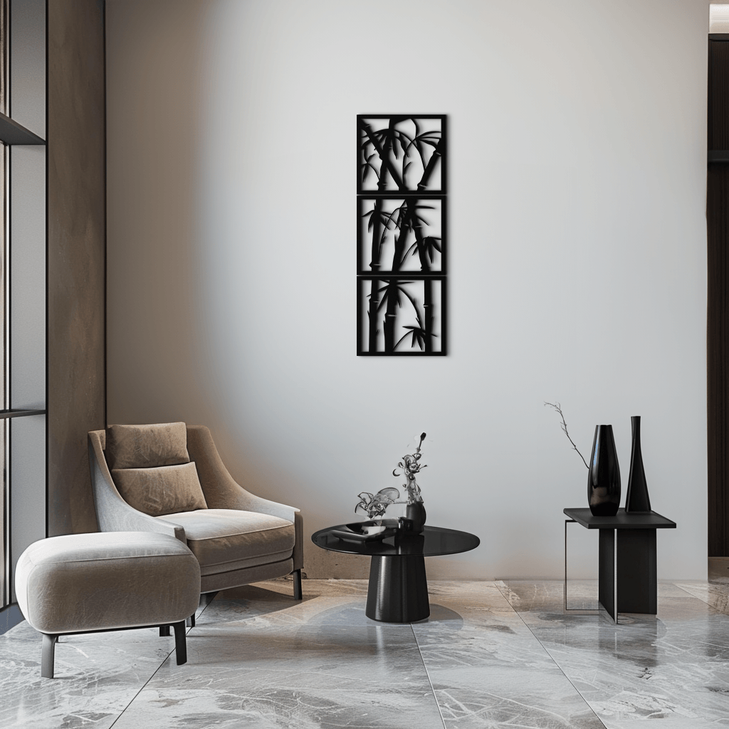Bamboo Panel Metal Wall Art - Three Piece Vertical Steel Sculpture Modern Industrial