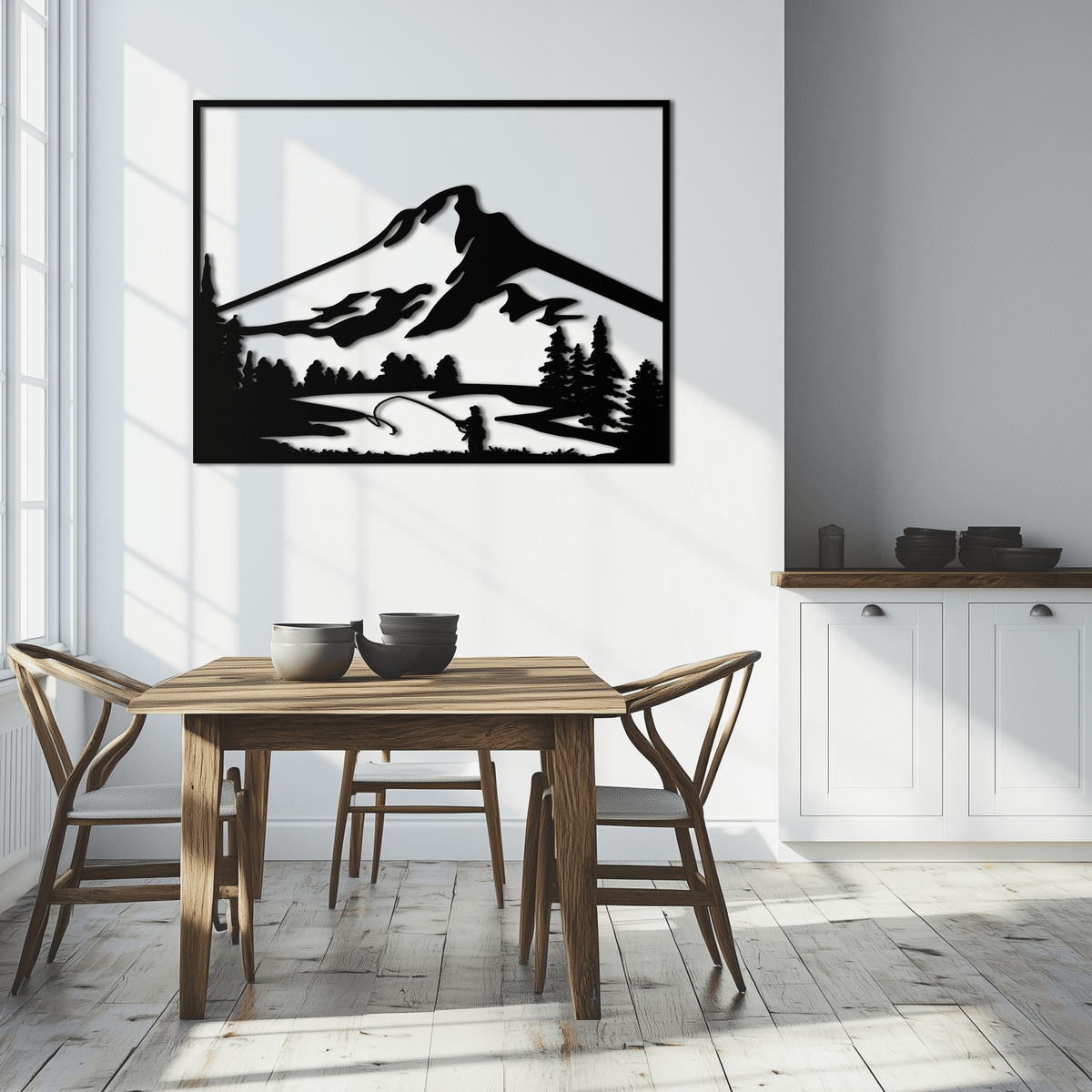 Metal Wall Art Mountain Fisherman Casting - Steel Cabin Decor