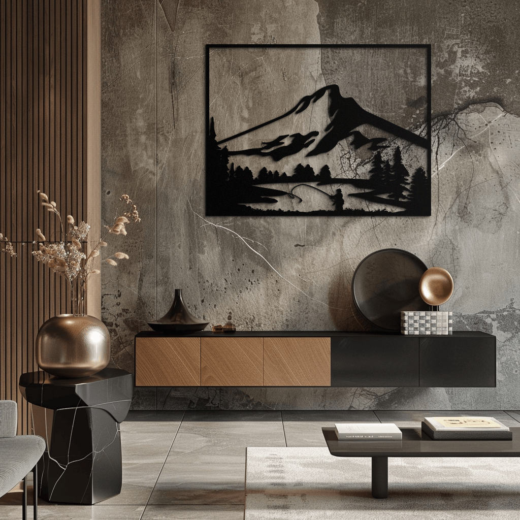 Metal Wall Art Mountain Fisherman Casting - Steel Cabin Decor