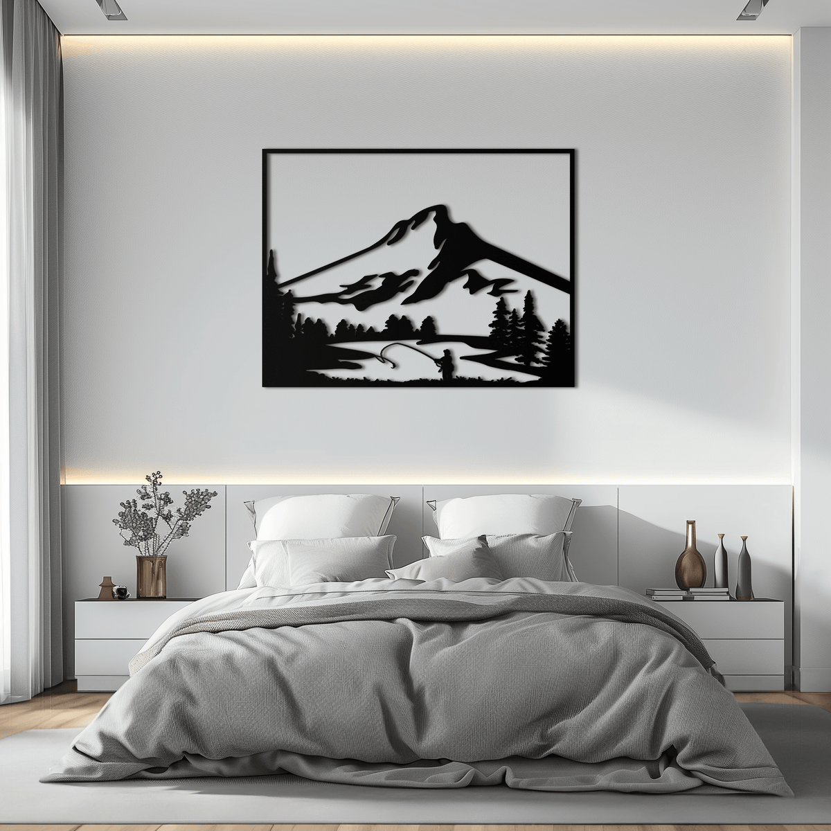 Metal Wall Art Mountain Fisherman Casting - Steel Cabin Decor