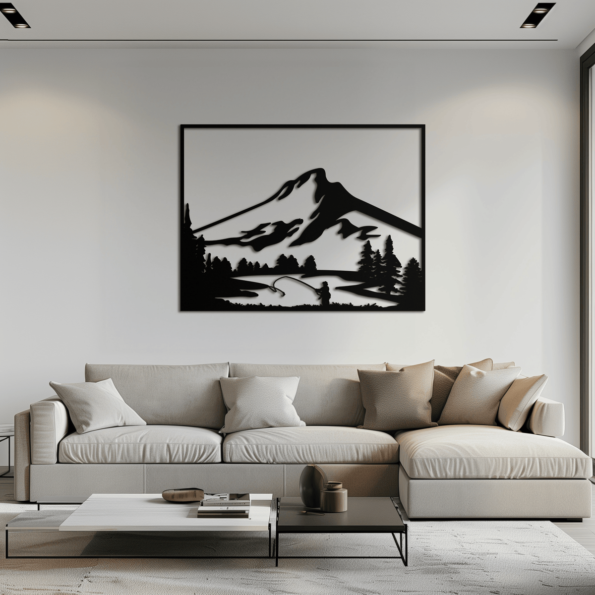 Metal Wall Art Mountain Fisherman Casting - Steel Cabin Decor