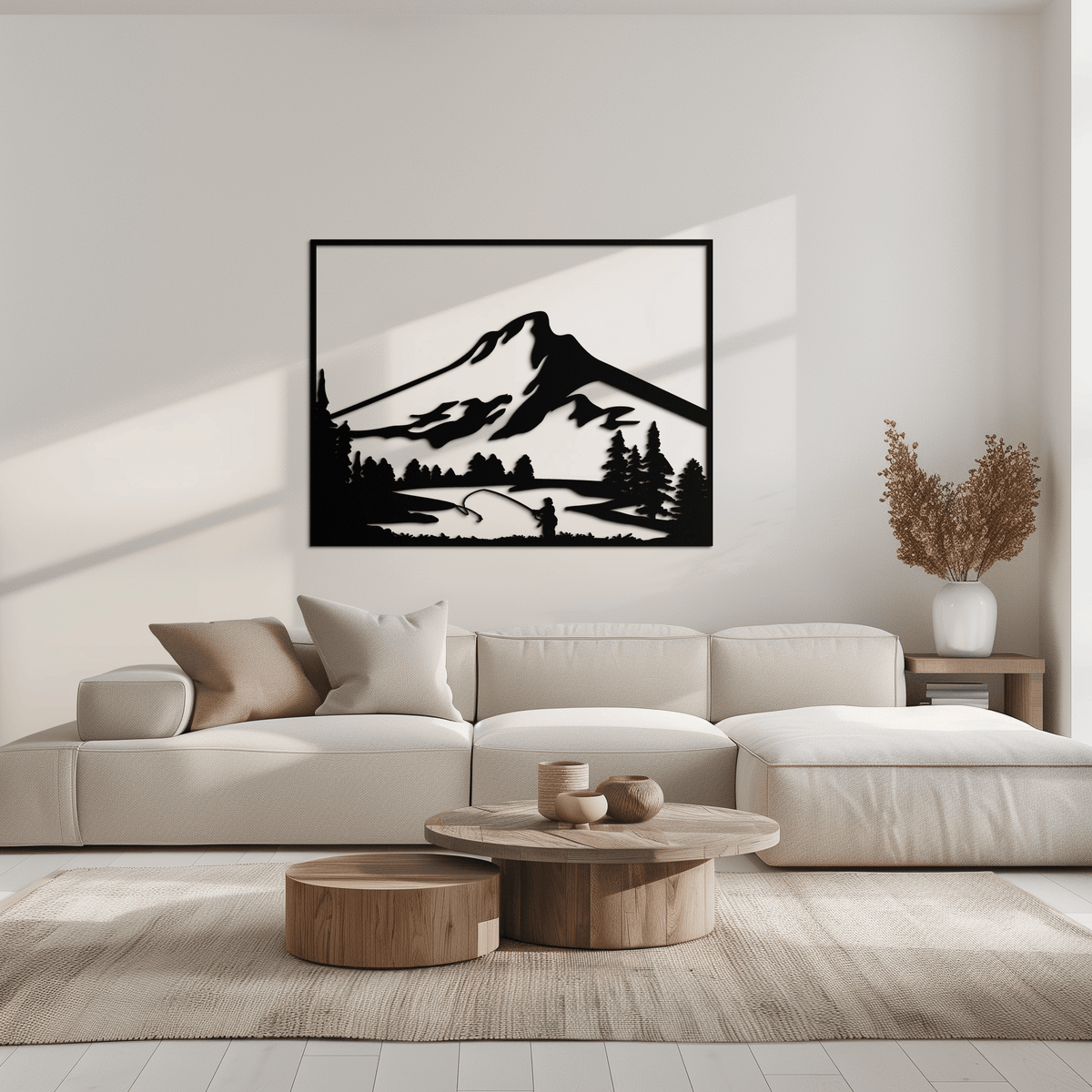 Metal Wall Art Mountain Fisherman Casting - Steel Cabin Decor