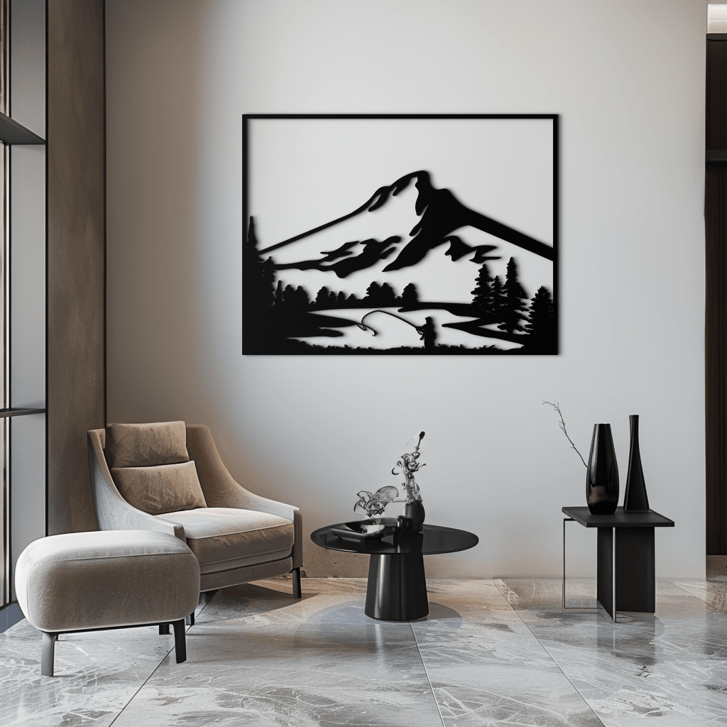 Metal Wall Art Mountain Fisherman Casting - Steel Cabin Decor