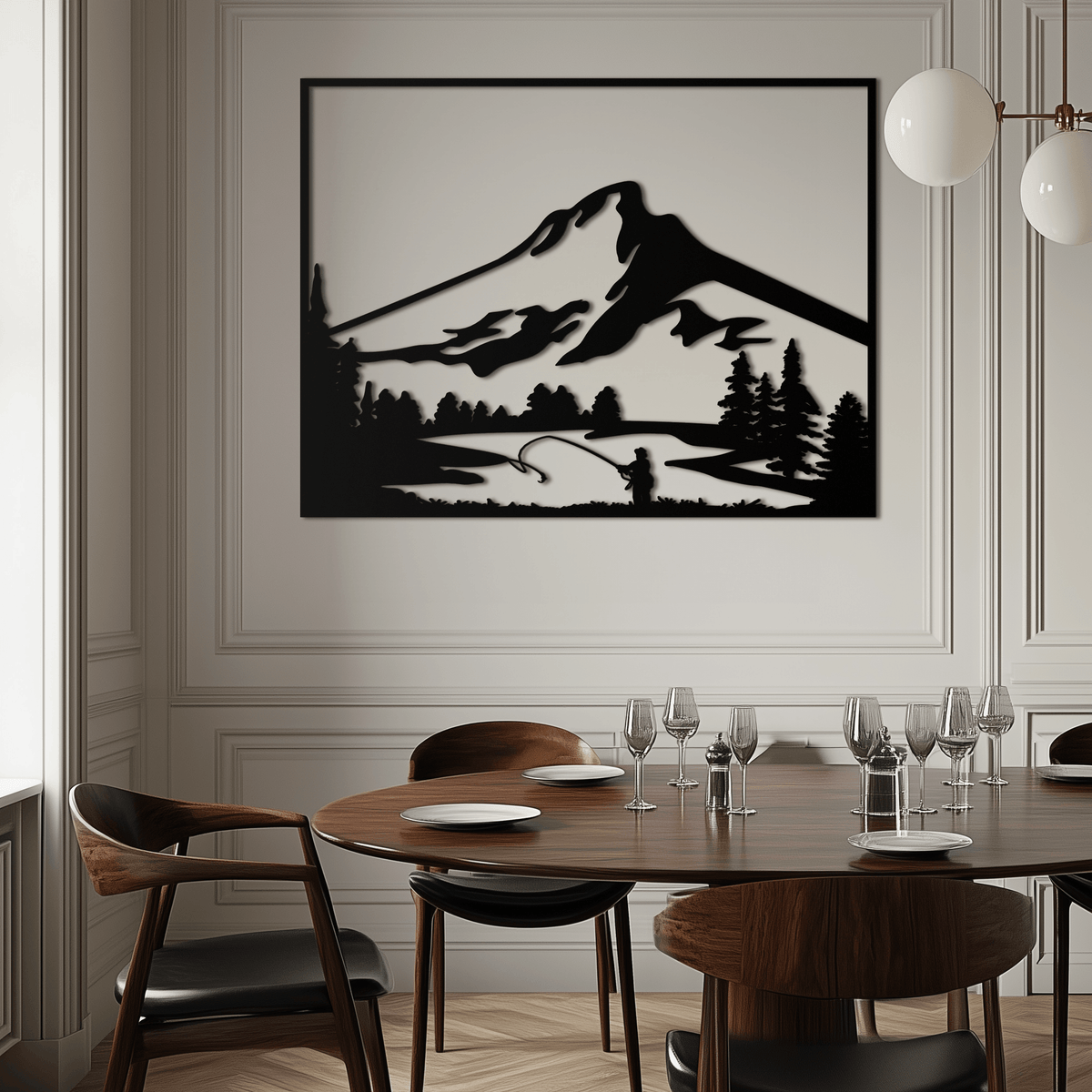 Metal Wall Art Mountain Fisherman Casting - Steel Cabin Decor