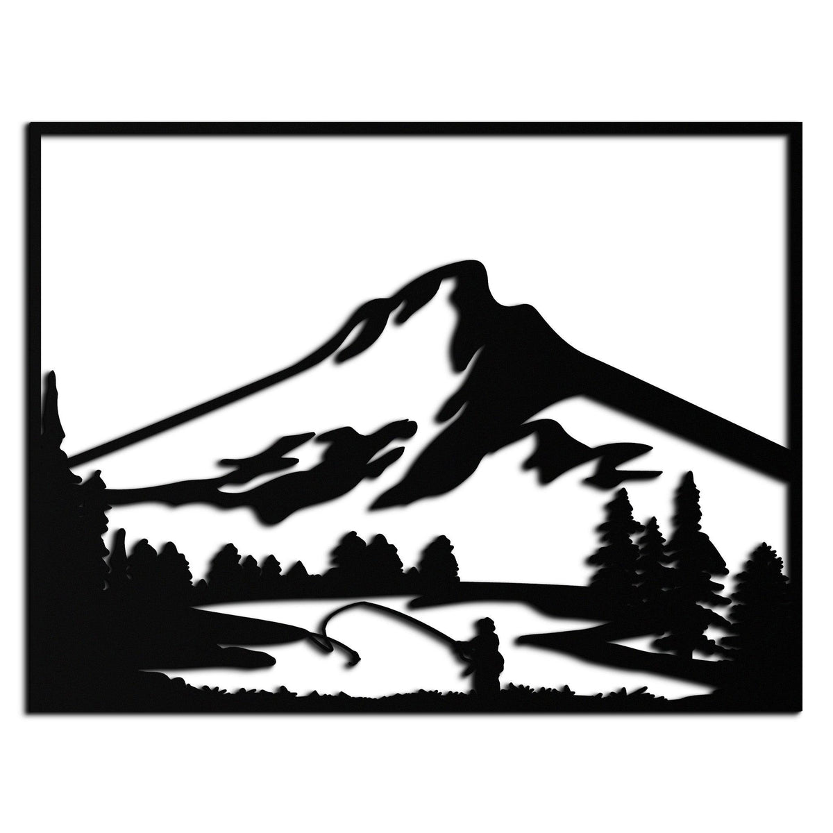 Metal Wall Art Mountain Fisherman Casting - Steel Cabin Decor