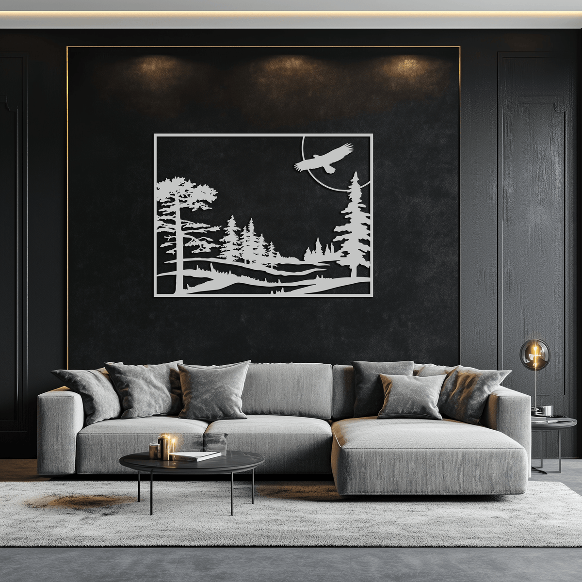 Metal Forest Landscape Wall Art with Eagle - Rustic Style