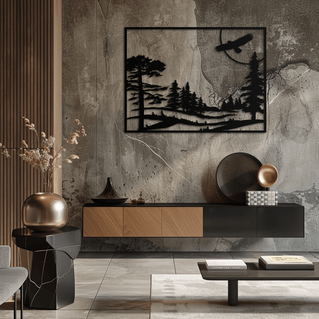 Metal Forest Landscape Wall Art with Eagle - Rustic Style
