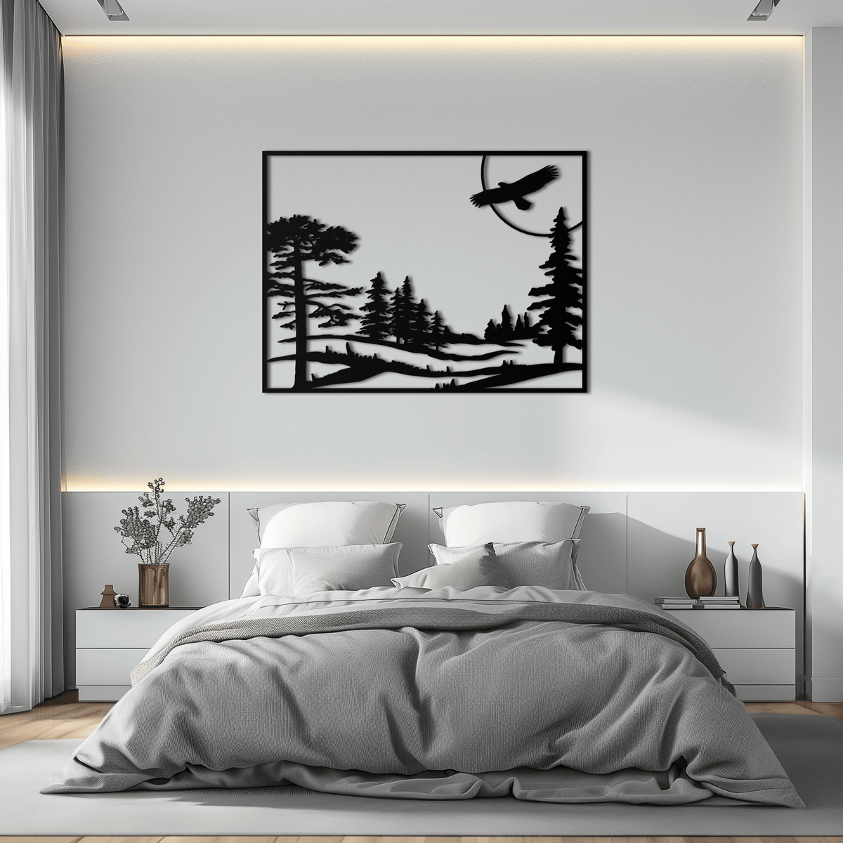Metal Forest Landscape Wall Art with Eagle - Rustic Style