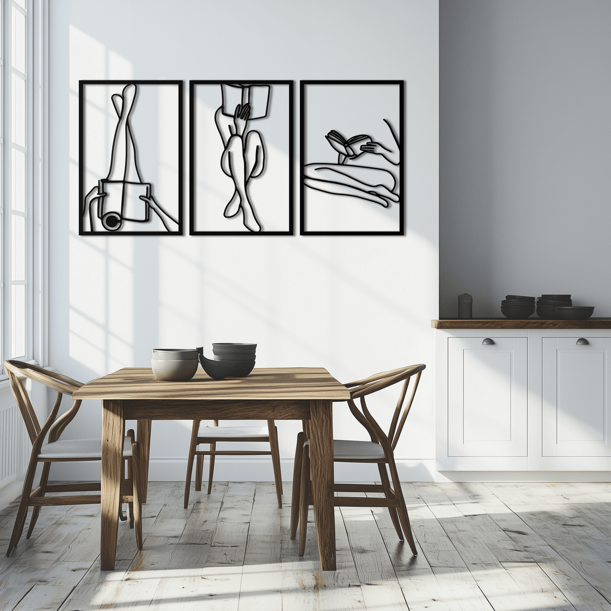Metal Reading Woman Three-Panel Wall Art - Modern Minimalist Design