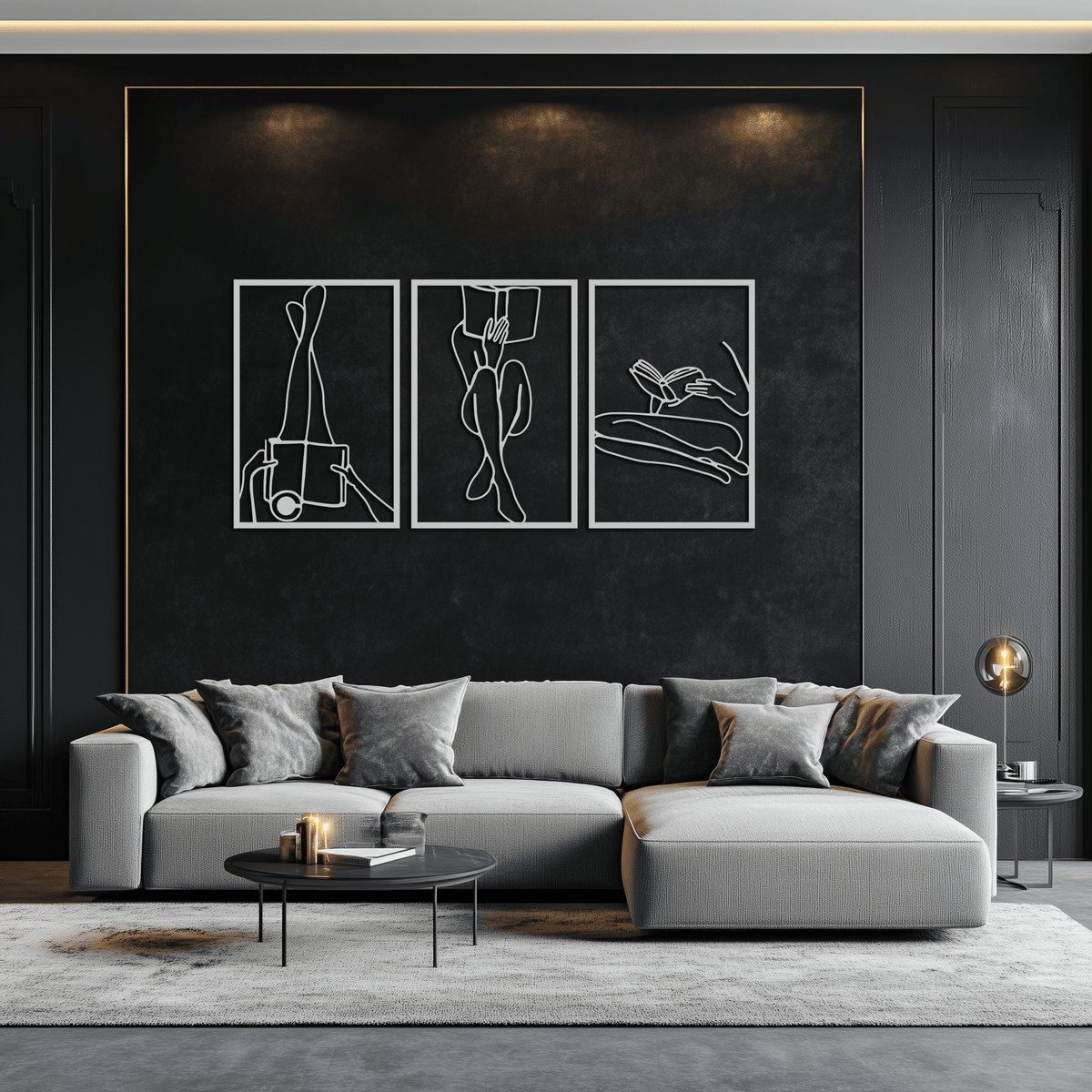 Metal Reading Woman Three-Panel Wall Art - Modern Minimalist Design