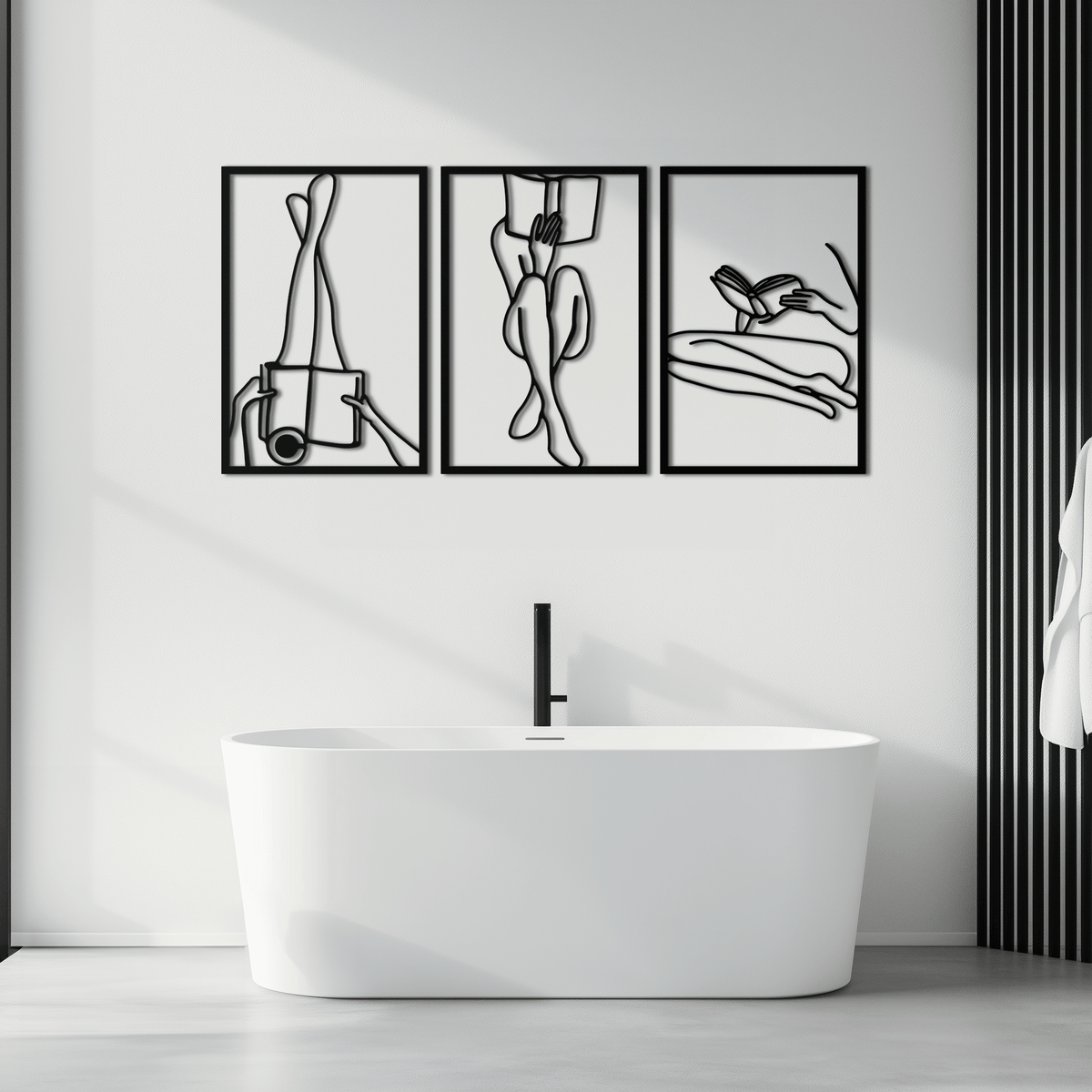 Metal Reading Woman Three-Panel Wall Art - Modern Minimalist Design