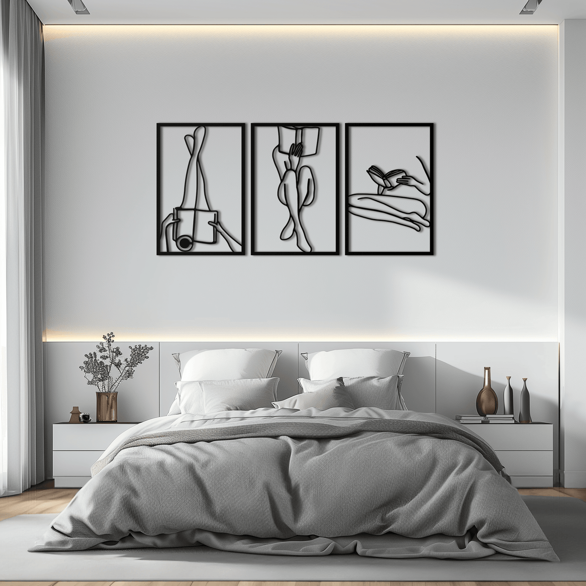 Metal Reading Woman Three-Panel Wall Art - Modern Minimalist Design