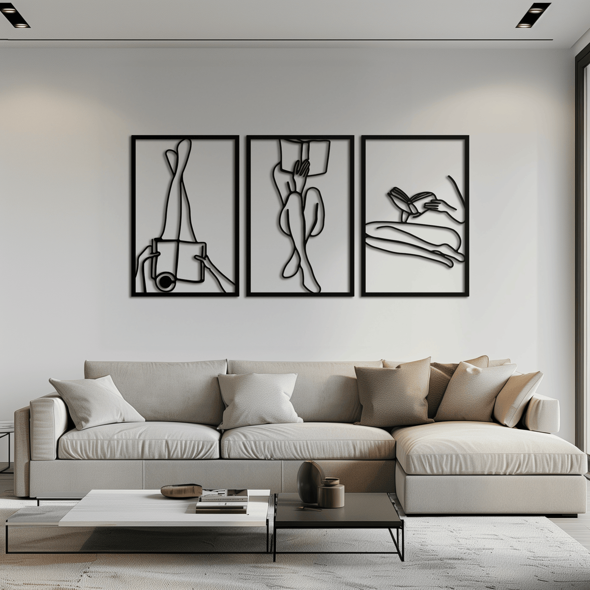 Metal Reading Woman Three-Panel Wall Art - Modern Minimalist Design
