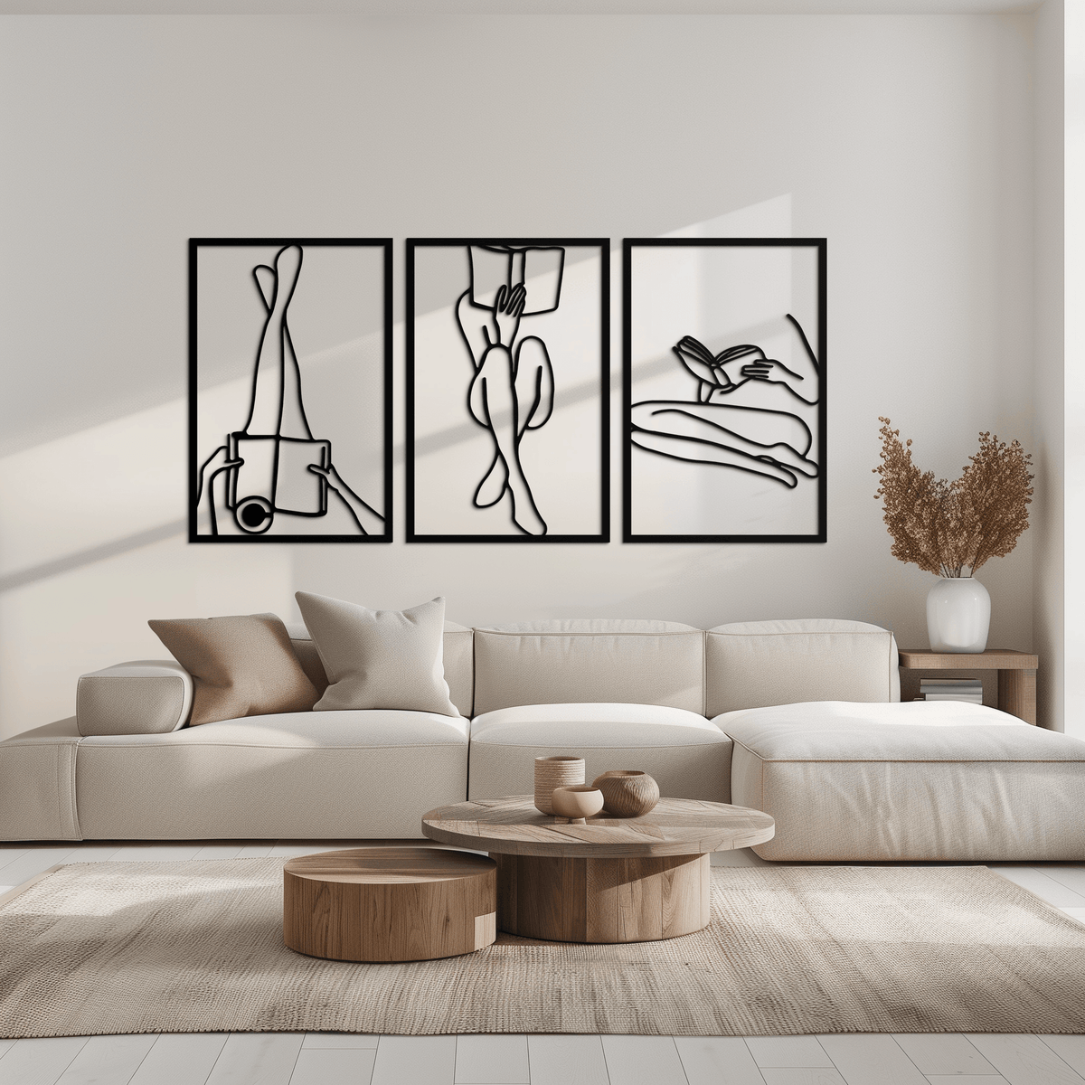 Metal Reading Woman Three-Panel Wall Art - Modern Minimalist Design