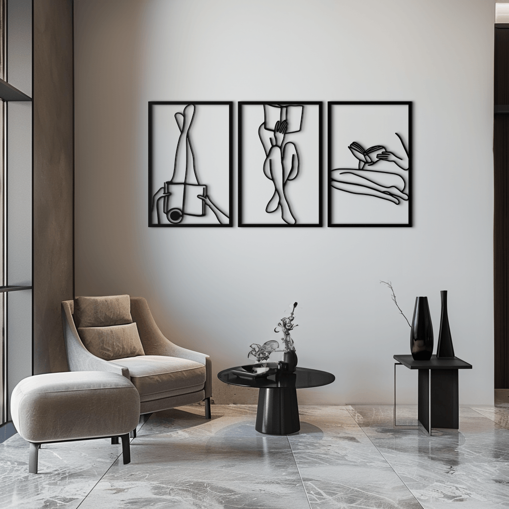 Metal Reading Woman Three-Panel Wall Art - Modern Minimalist Design