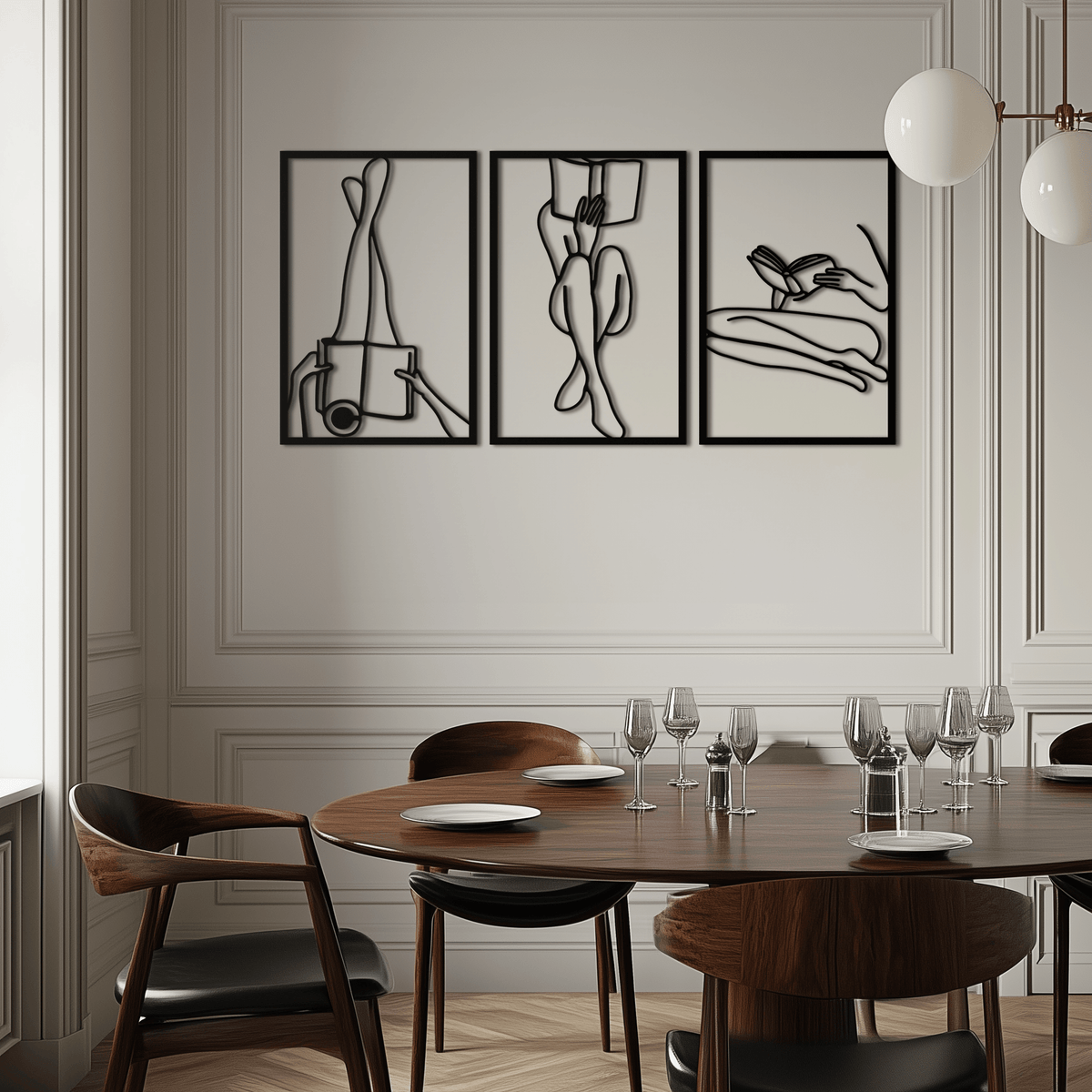 Metal Reading Woman Three-Panel Wall Art - Modern Minimalist Design