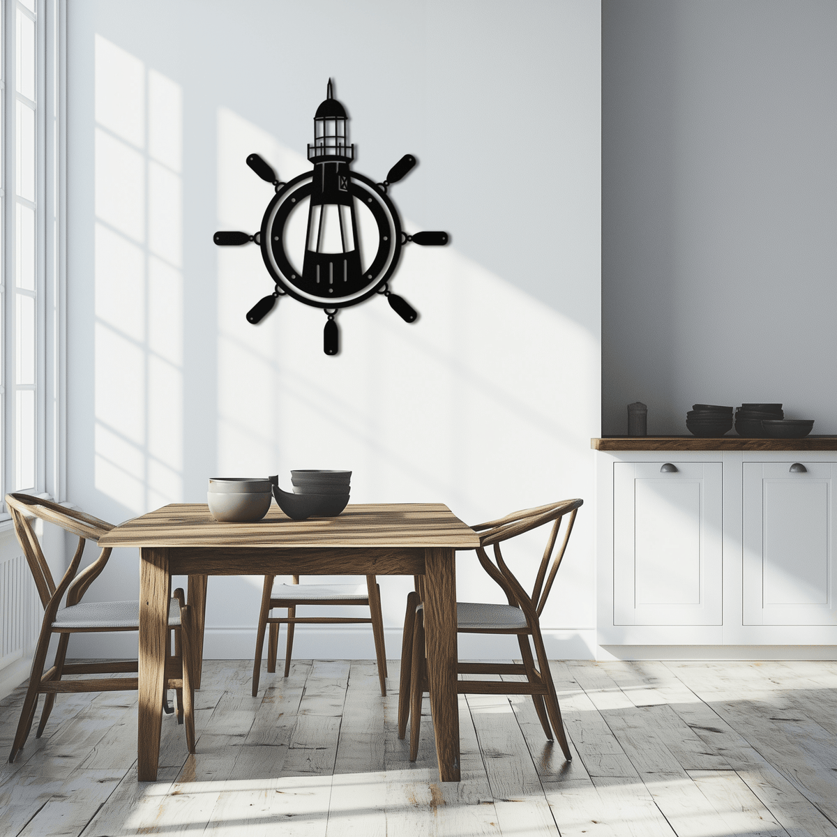 Steel Nautical Wall Art Lighthouse Ship Wheel Coastal Design