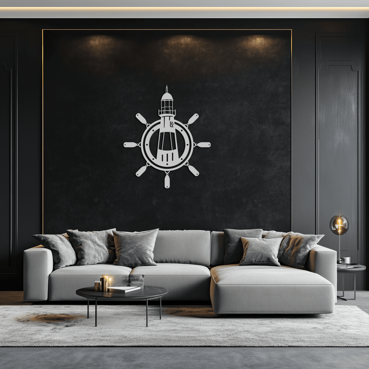 Steel Nautical Wall Art Lighthouse Ship Wheel Coastal Design