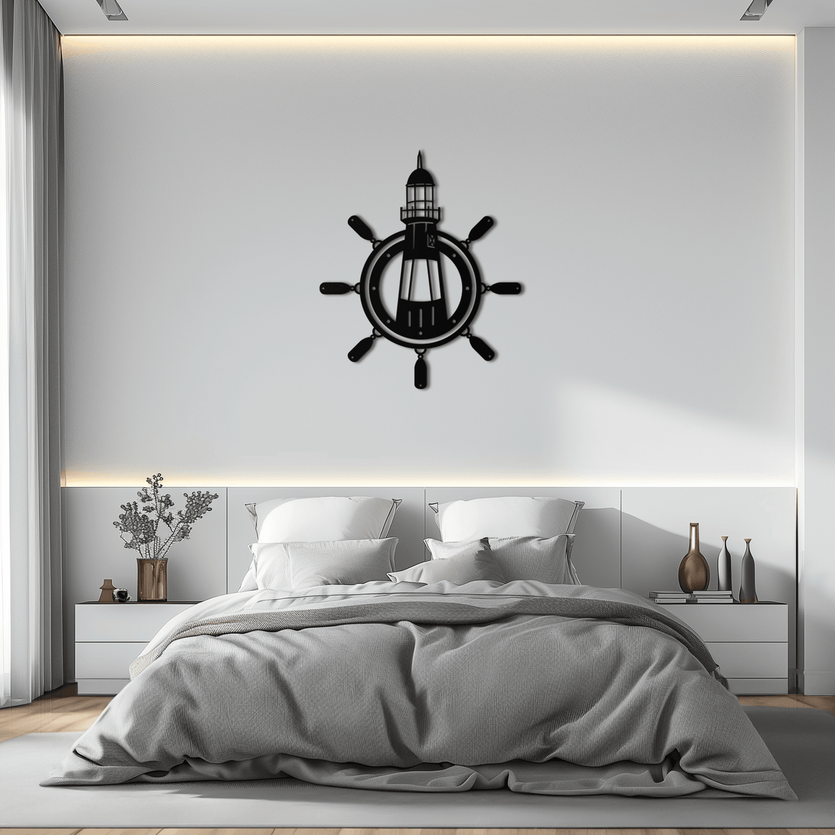 Steel Nautical Wall Art Lighthouse Ship Wheel Coastal Design