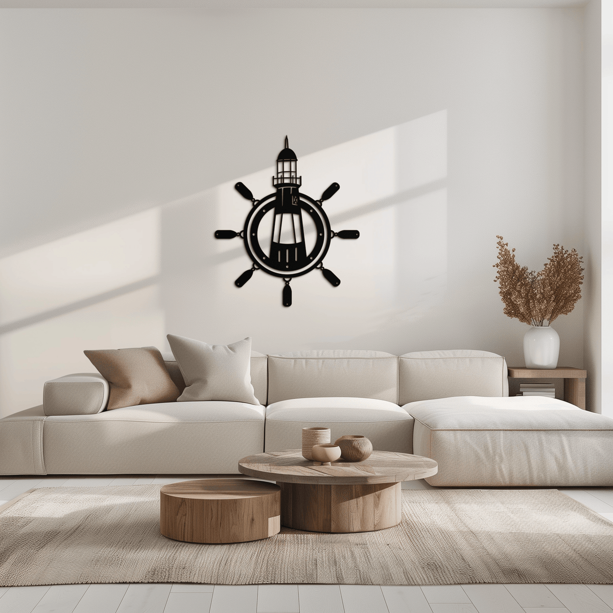 Steel Nautical Wall Art Lighthouse Ship Wheel Coastal Design