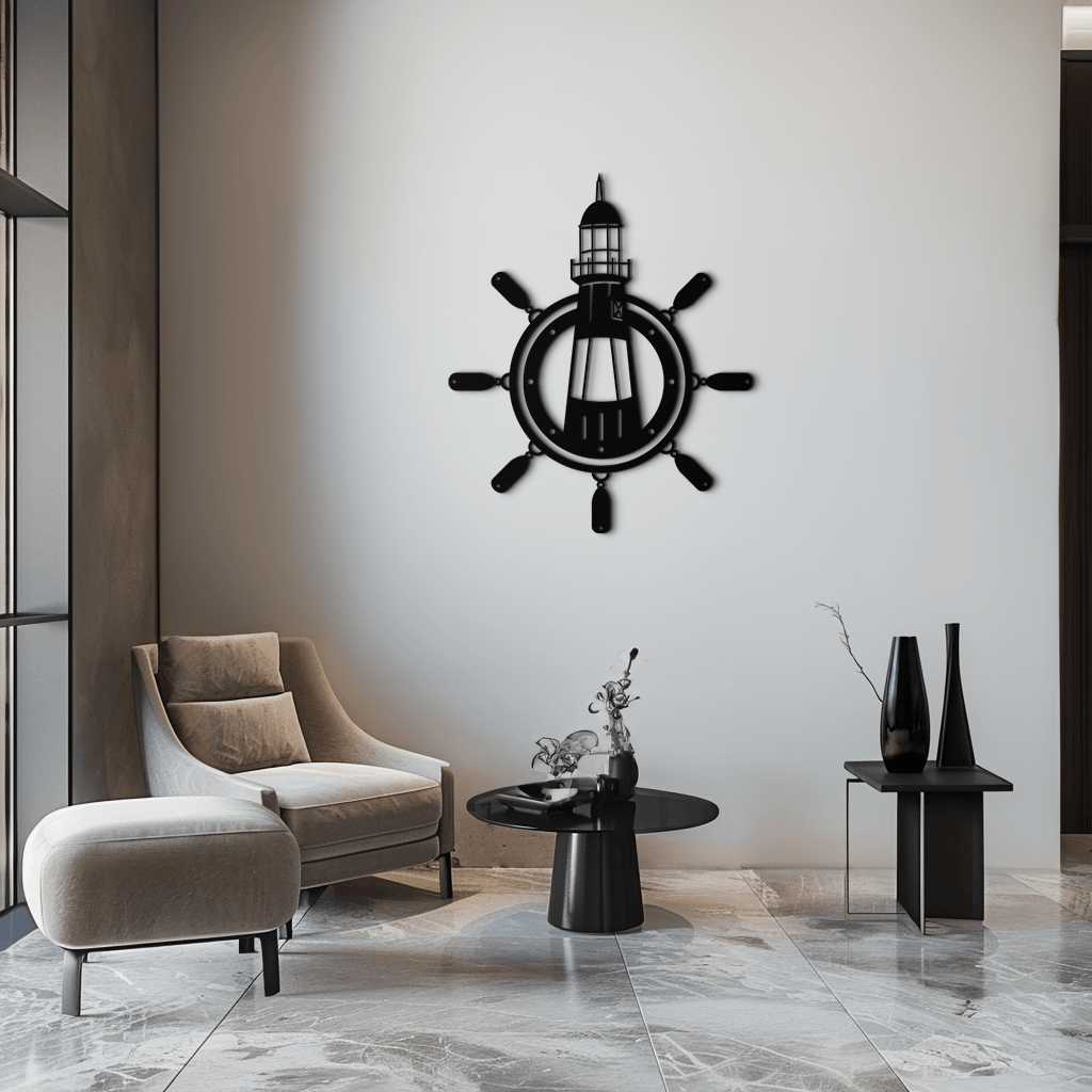Steel Nautical Wall Art Lighthouse Ship Wheel Coastal Design