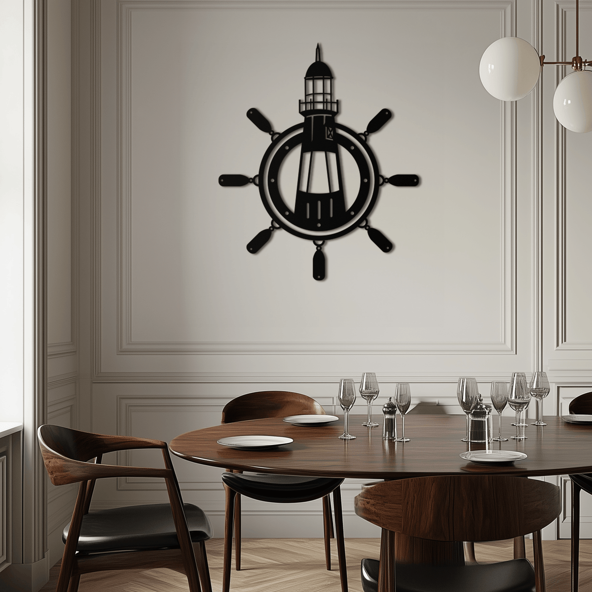 Steel Nautical Wall Art Lighthouse Ship Wheel Coastal Design