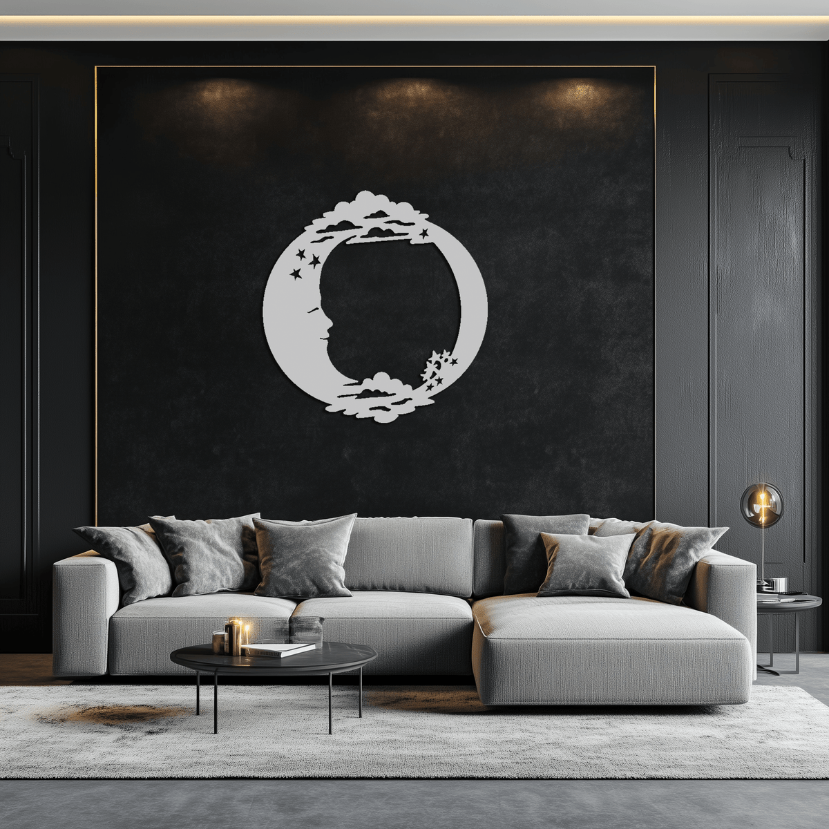 Celestial Steel Wall Art - Crescent Moon and Stars with Clouds