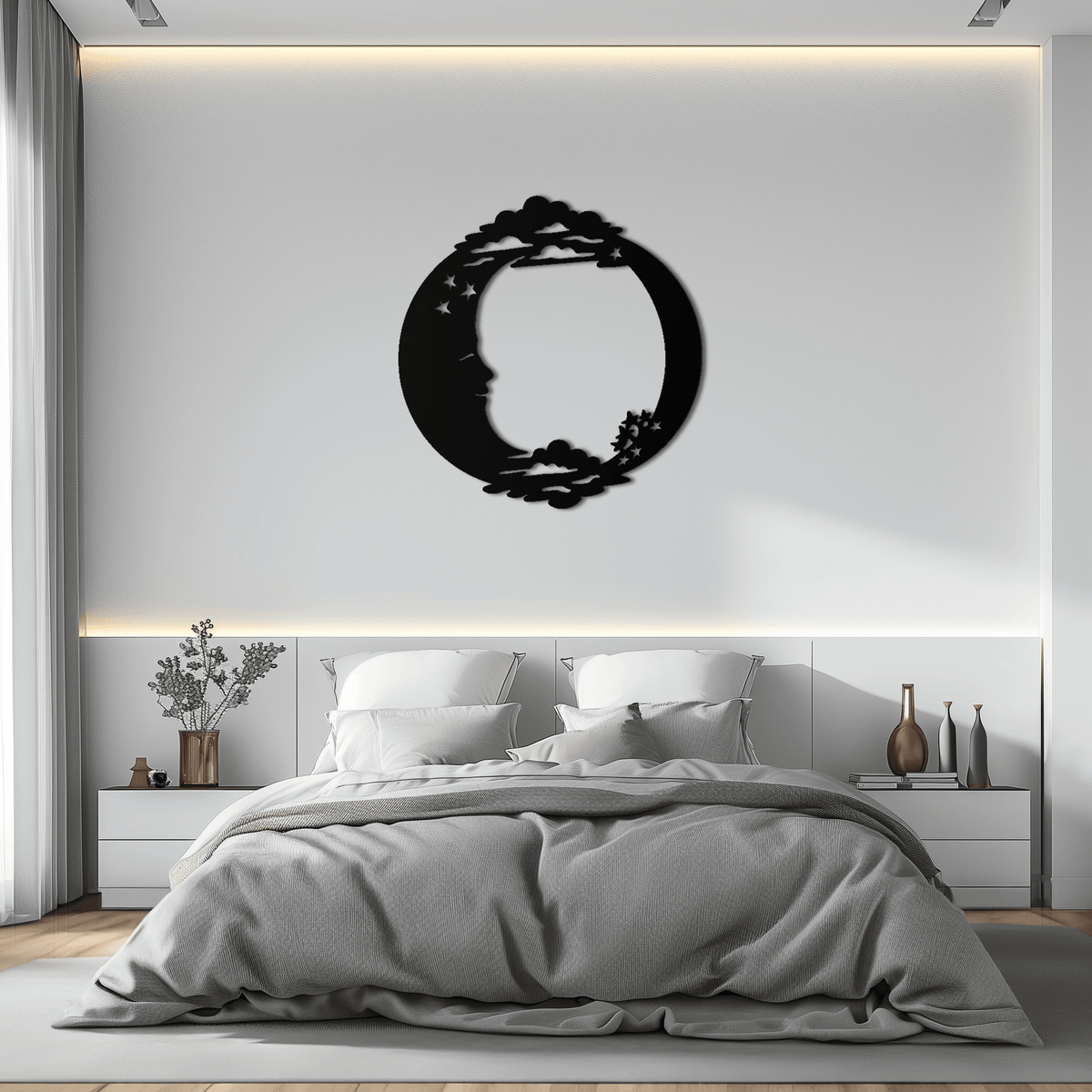 Celestial Steel Wall Art - Crescent Moon and Stars with Clouds