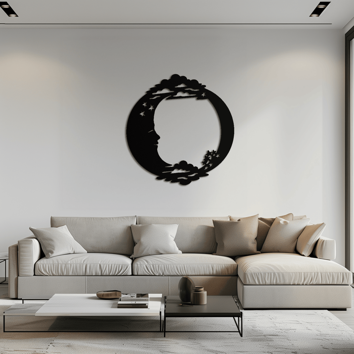 Celestial Steel Wall Art - Crescent Moon and Stars with Clouds