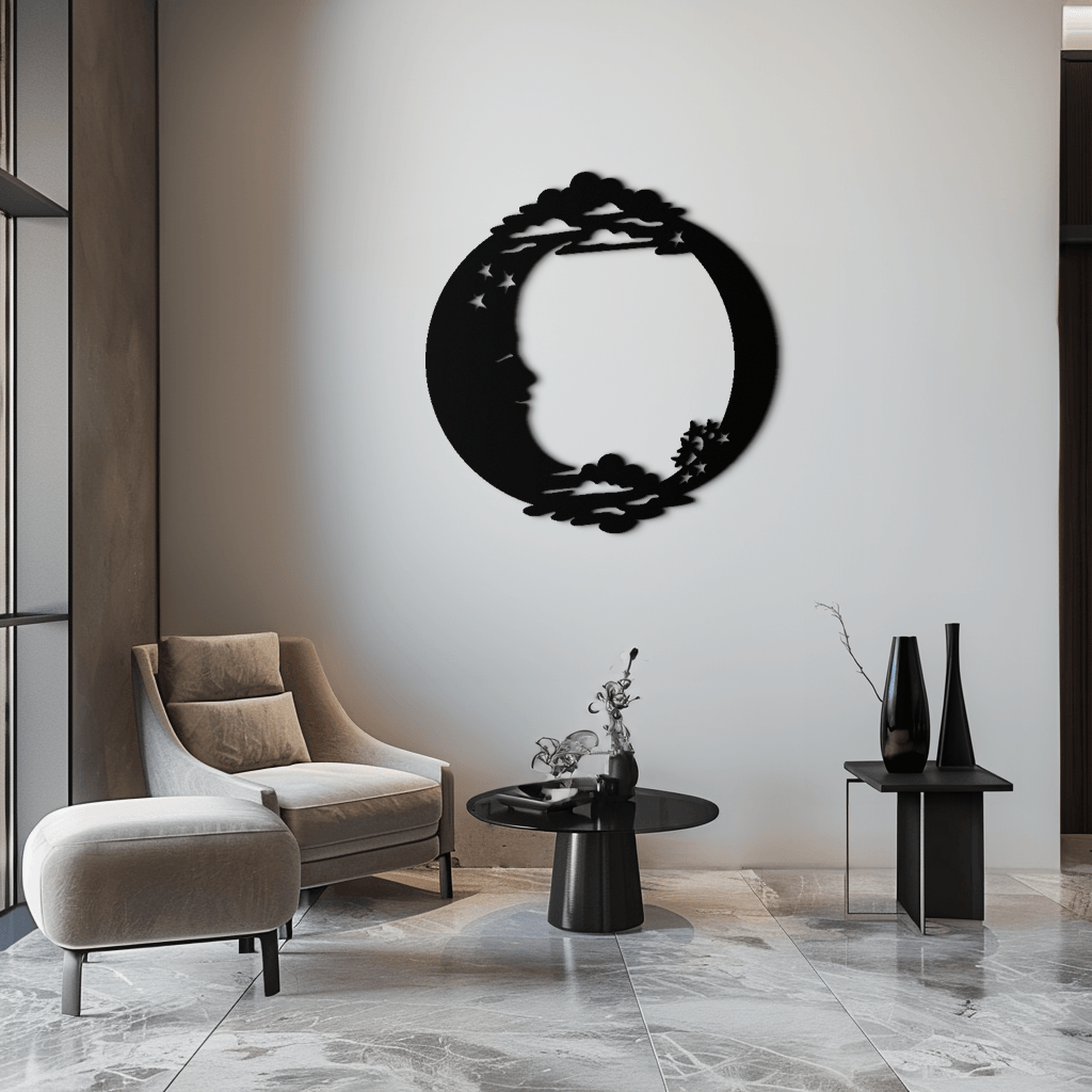 Celestial Steel Wall Art - Crescent Moon and Stars with Clouds