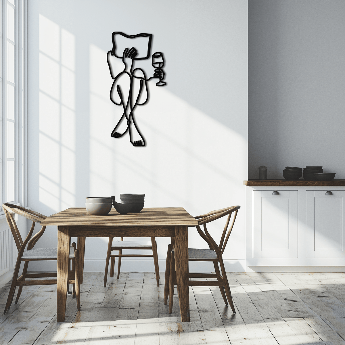 Steel Wall Art Reading Wine - Minimalist Line Sculpture Design