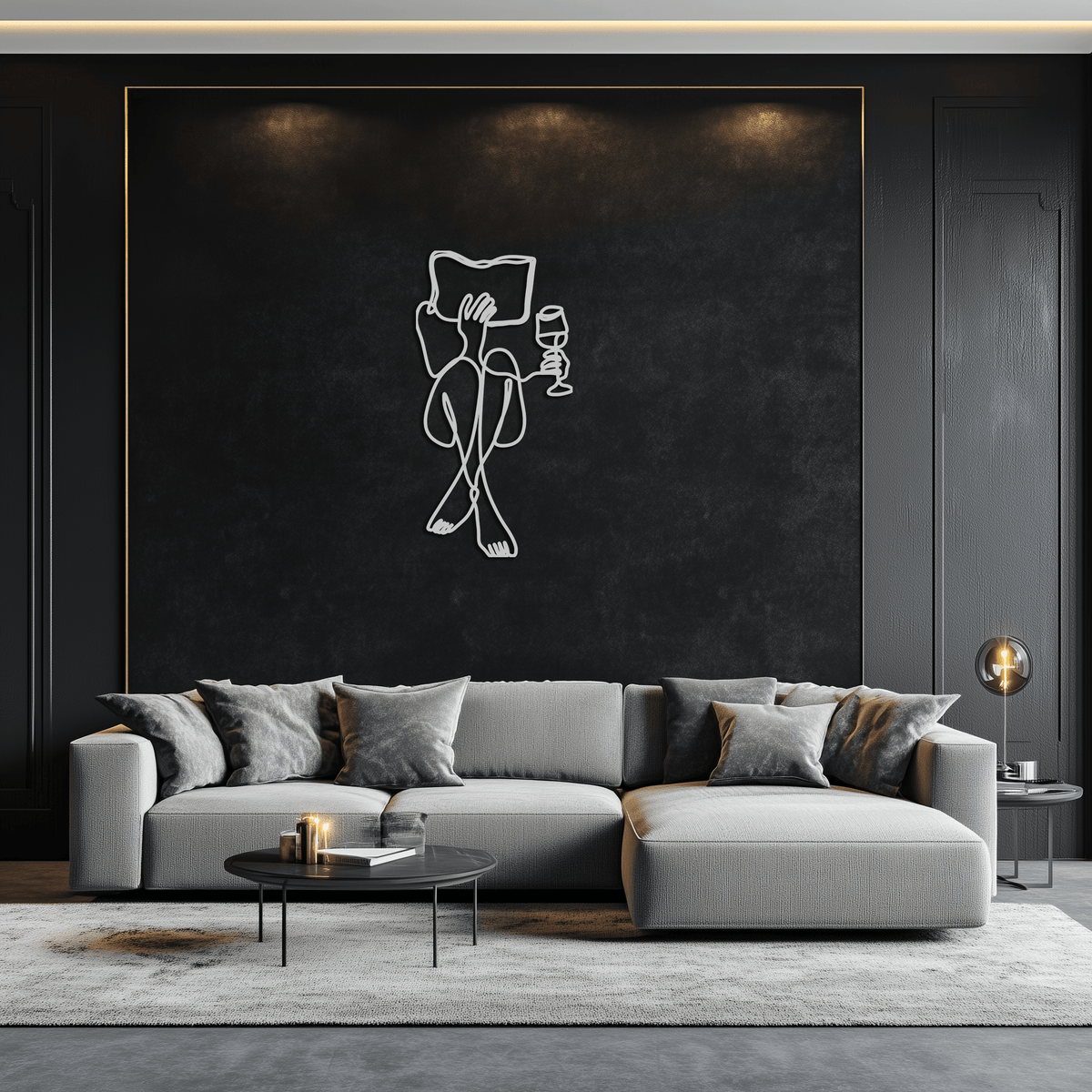 Steel Wall Art Reading Wine - Minimalist Line Sculpture Design