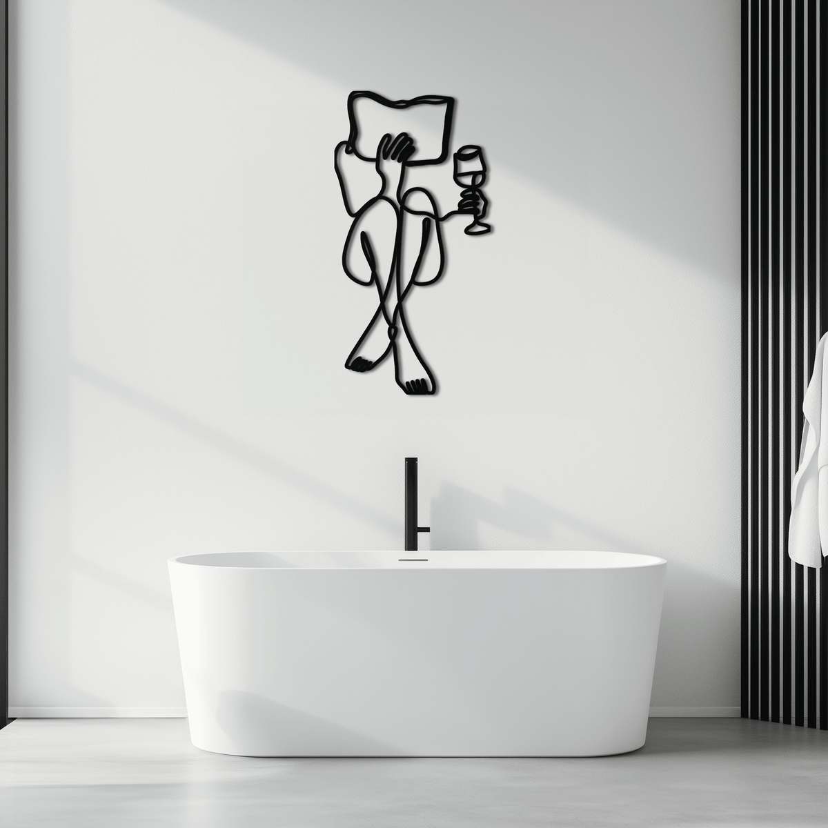 Steel Wall Art Reading Wine - Minimalist Line Sculpture Design