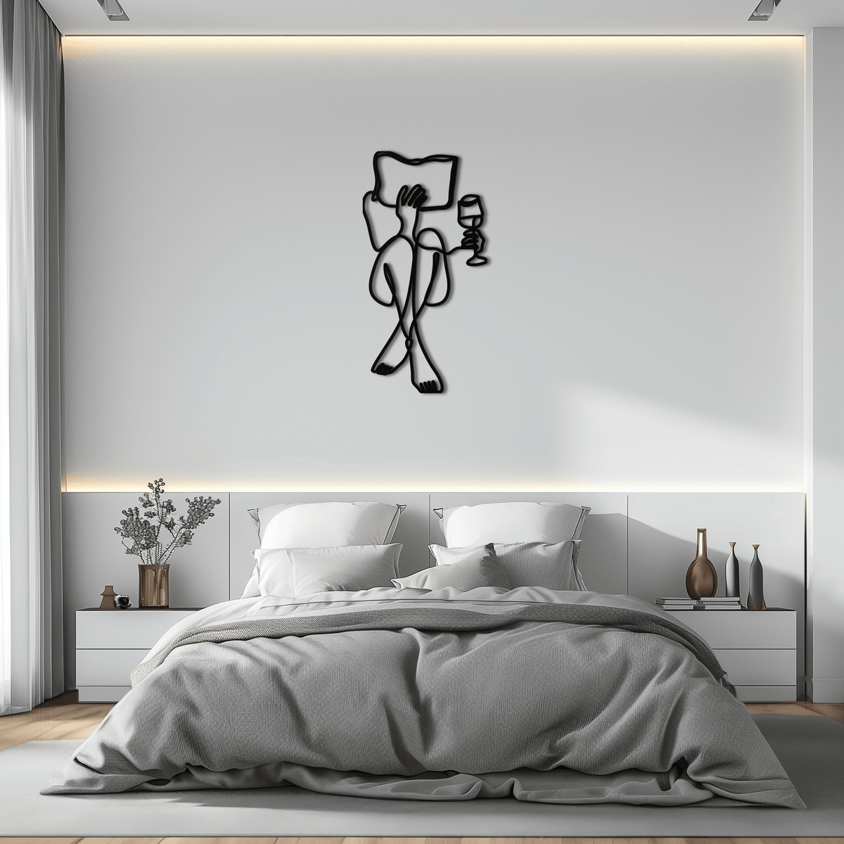 Steel Wall Art Reading Wine - Minimalist Line Sculpture Design