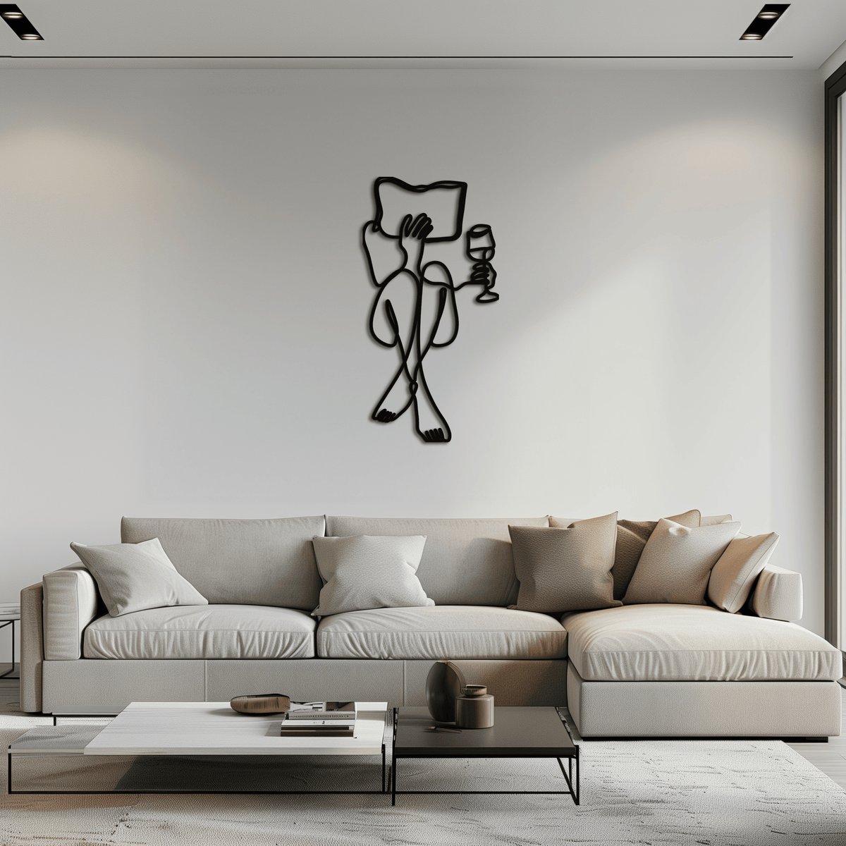 Steel Wall Art Reading Wine - Minimalist Line Sculpture Design